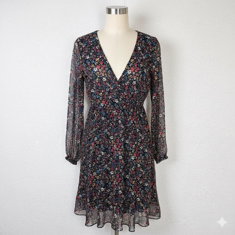 AVLN STUDIO Floral Faux Wrap Dress Long Sleeve Sheer‎ Mesh Ruffle Mini Black
